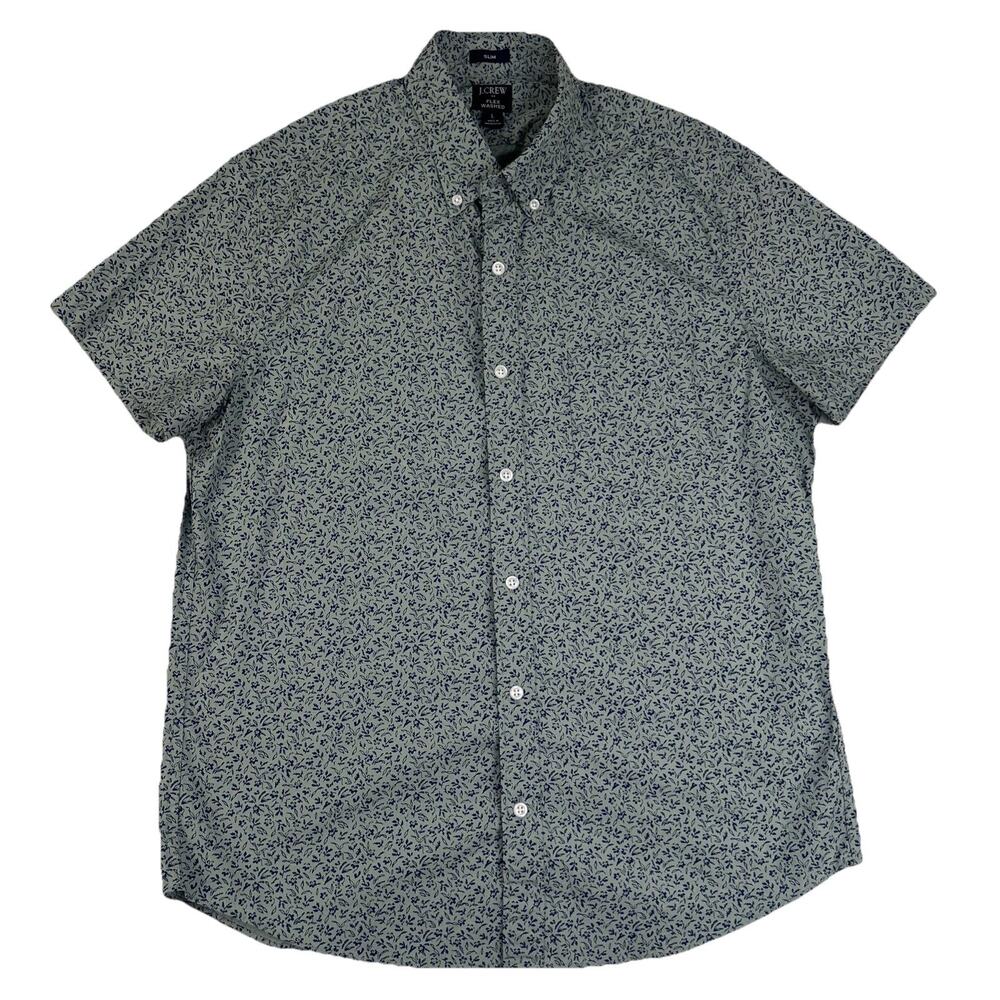 J Crew Short Sleeve Button Up Shirt Size L Slim Flex Washed Green Blue Botanical